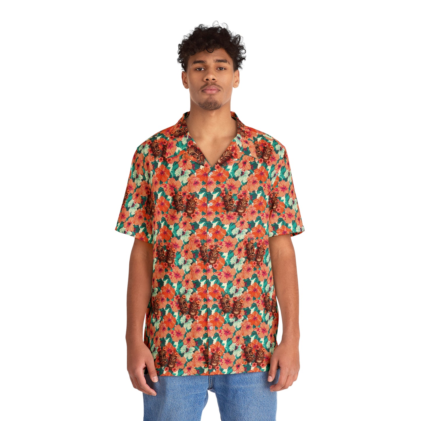 Hawaiian Tiki Mask Shirt - Peach