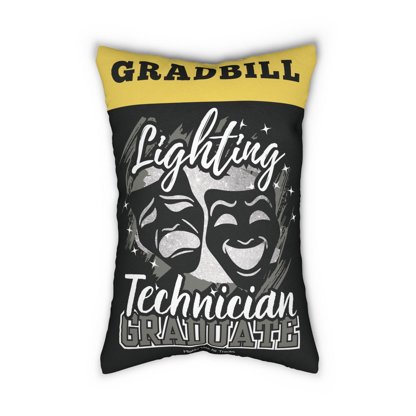 Decorative pillow with text and graphic design on a white background