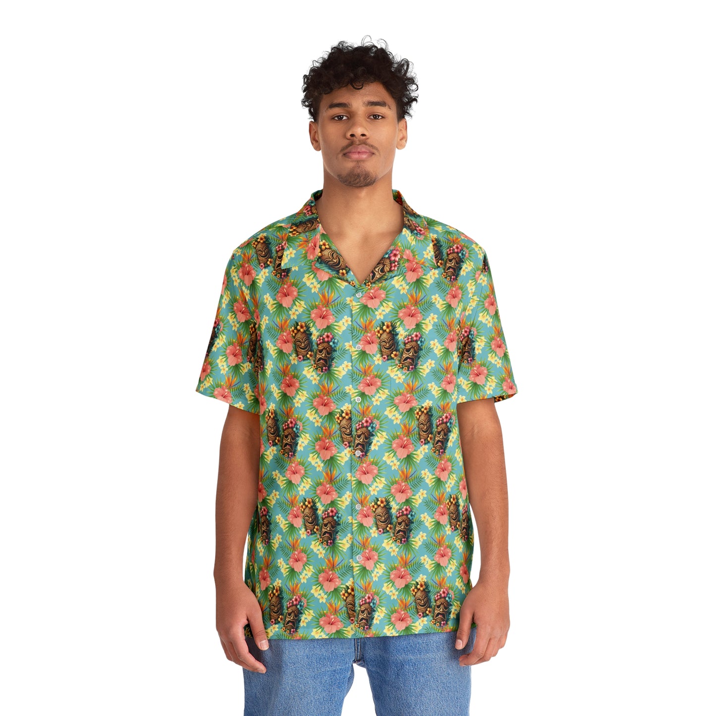 Hawaiian Tiki Mask Shirt - Light Blue