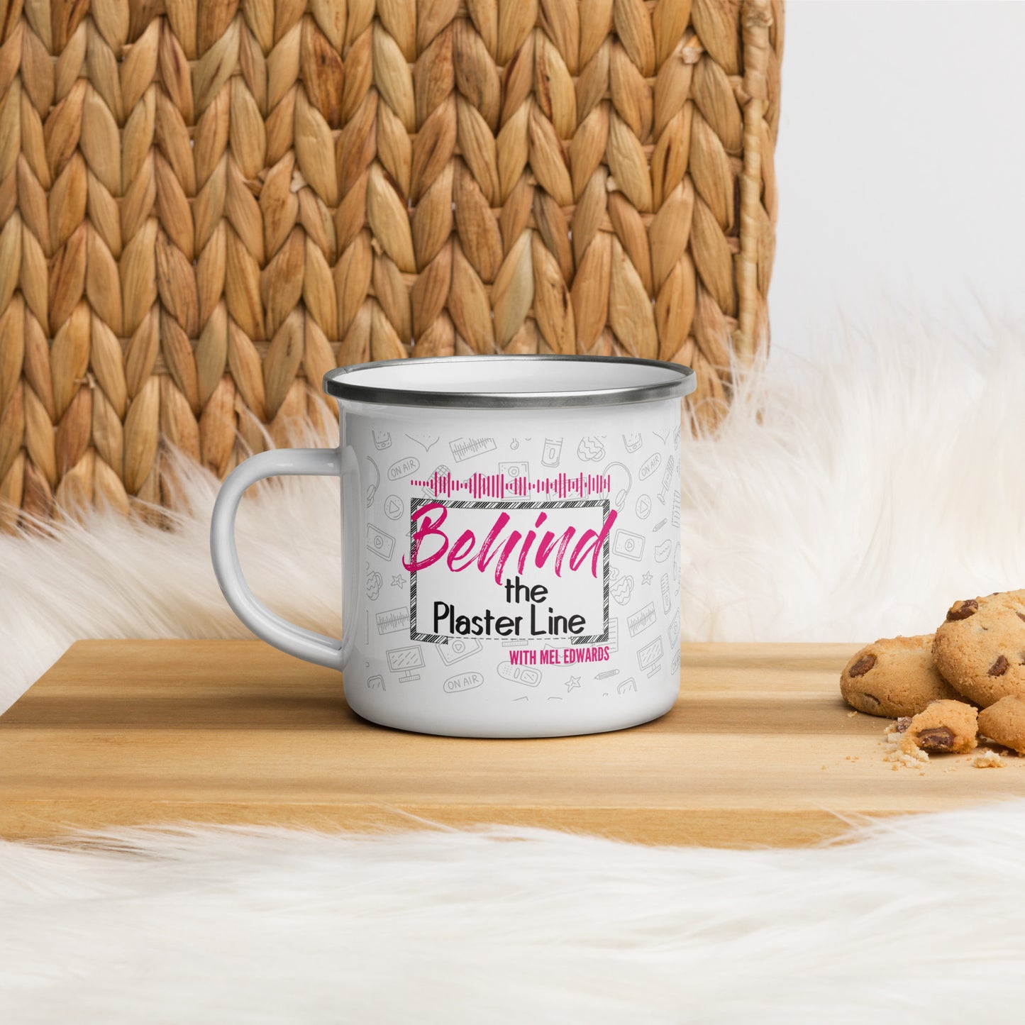 Behind the Plaster Line Podcast Enamel Mug-mightywithalltrades