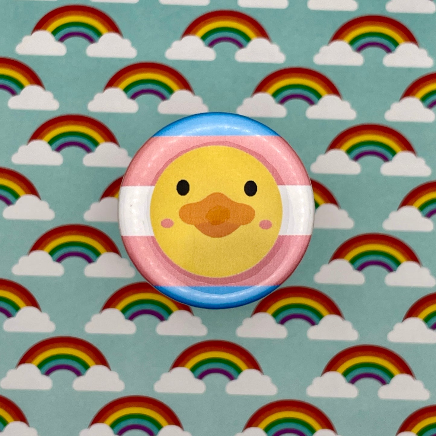 duck design on a trans pride flag on a colorful rainbow background