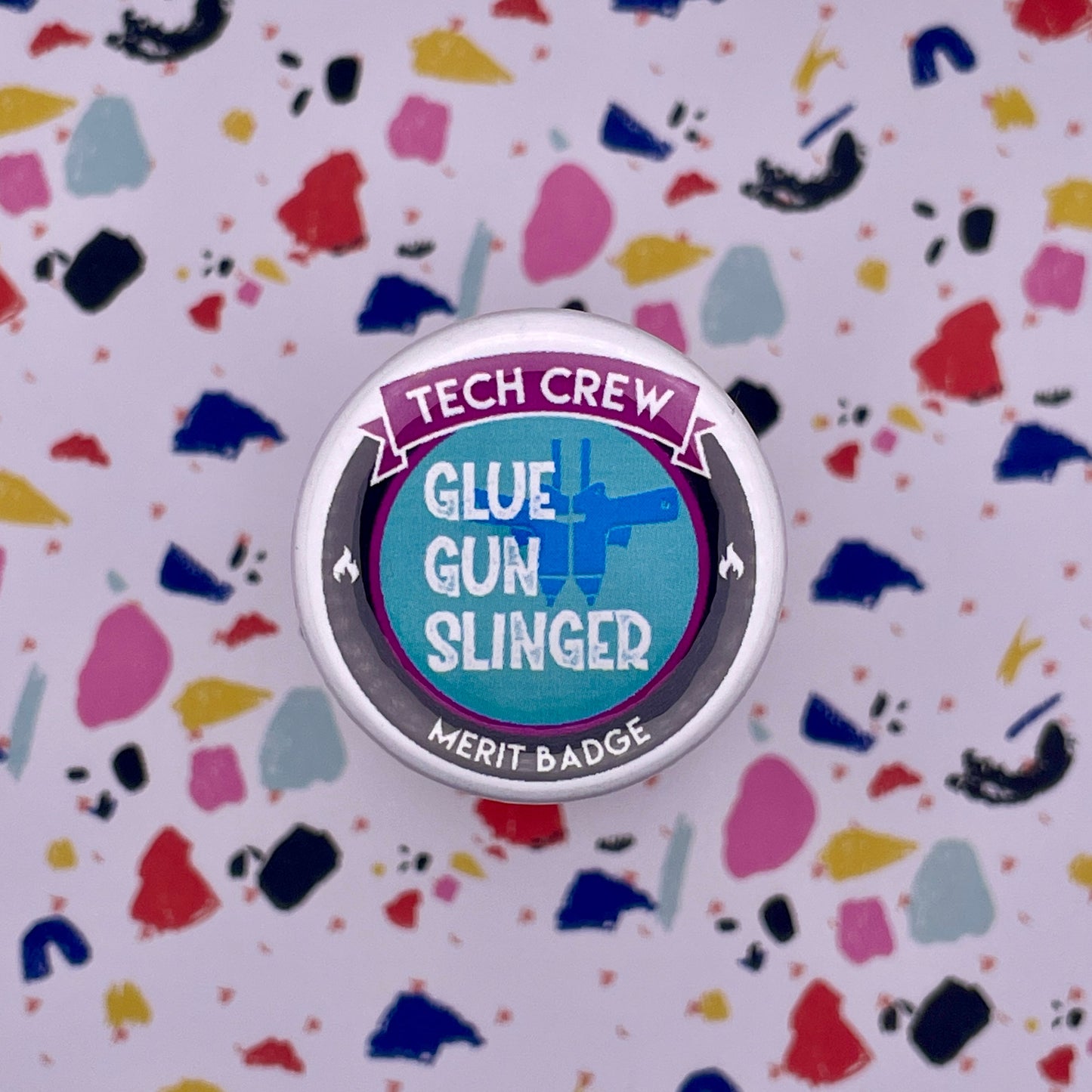 Glue Gun Slinger Tech Crew Merit Badge Pin Back Buttons