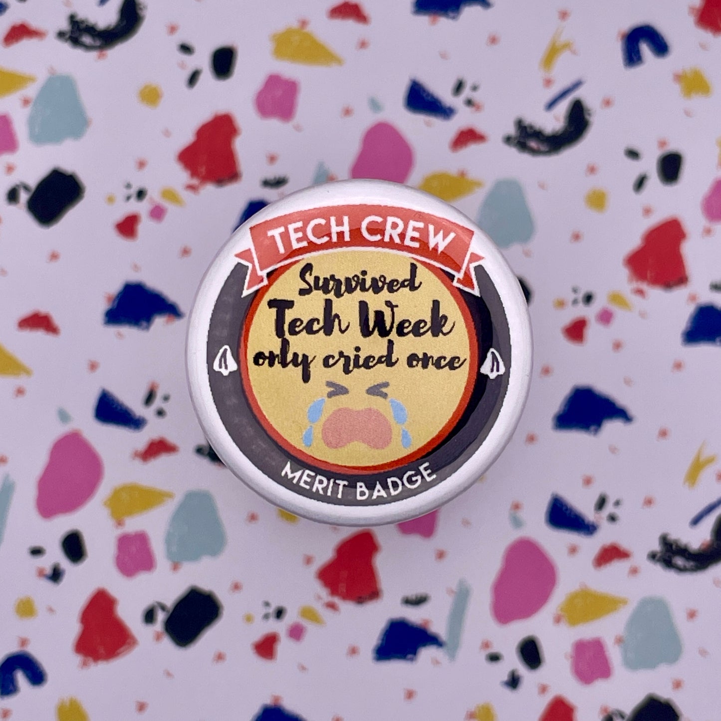 survived tech week graphic with crying face on yellow graphic on colorful background