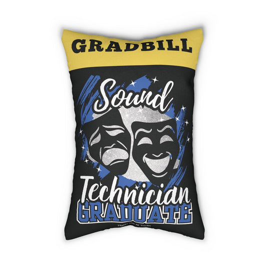 Decorative pillow with 'Gradbill Sound Technician Graduate' text and design on a white background