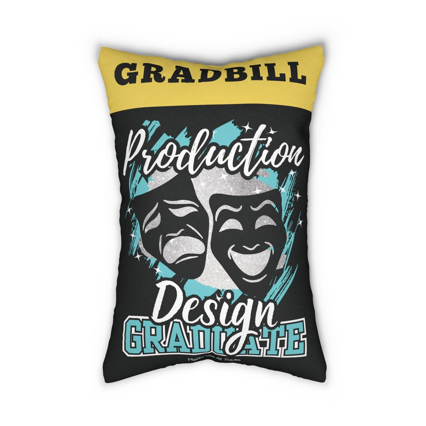 Decorative pillow with 'Gradill Production Design' text and theater masks on a white background