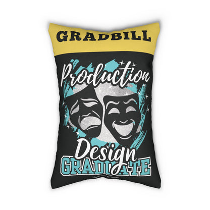 Decorative pillow with 'Gradill Production Design' text and theater masks on a white background