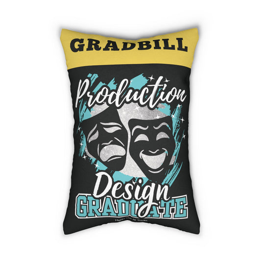 Decorative pillow with 'Gradill Production Design' text and theater masks on a white background