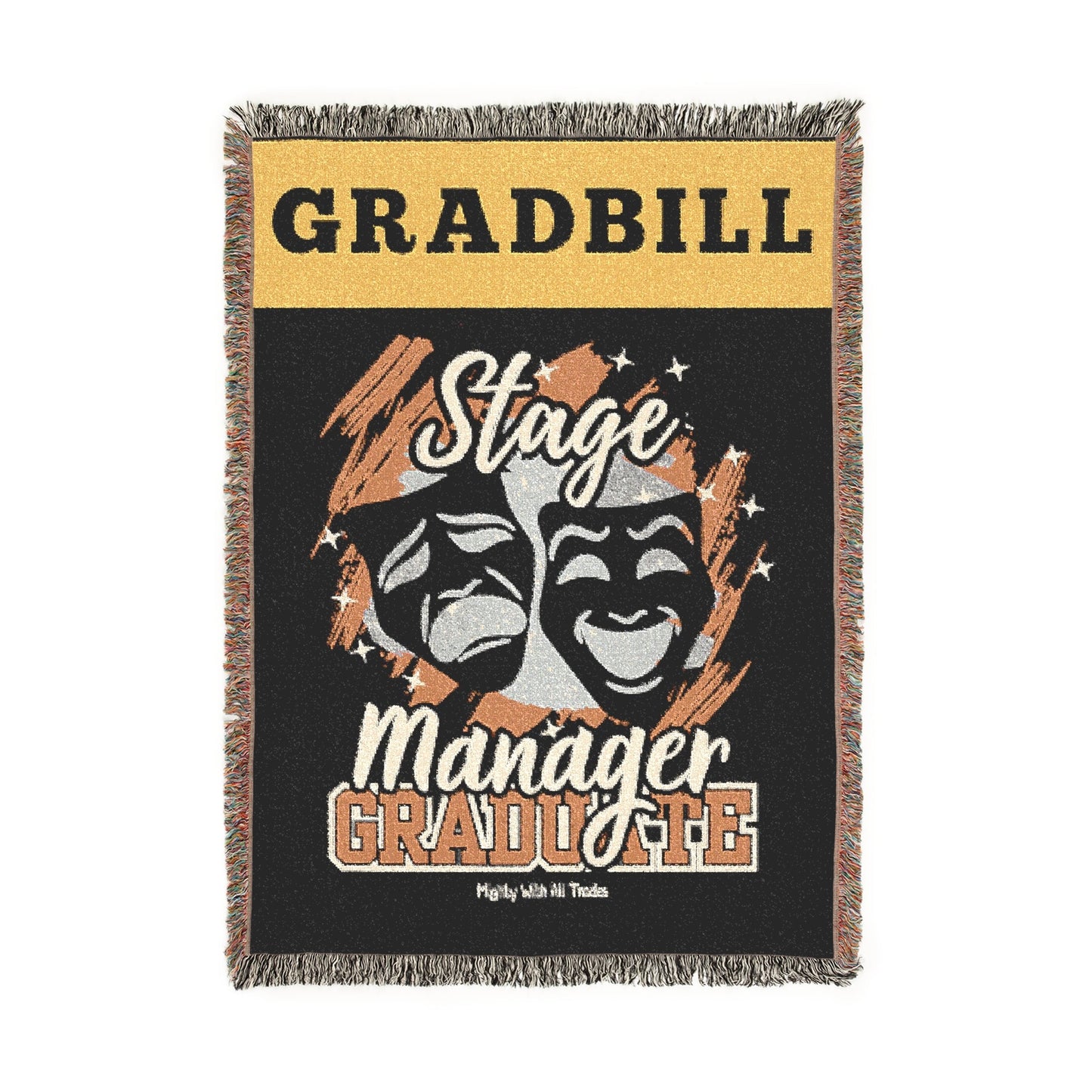 Woven blanket with 'Gradbill' branding and theater design on a black background