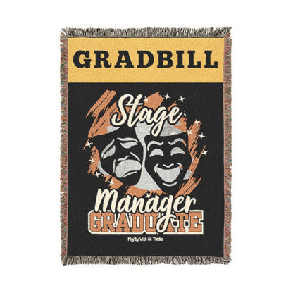 Woven blanket with 'Gradbill' branding and theater design on a black background
