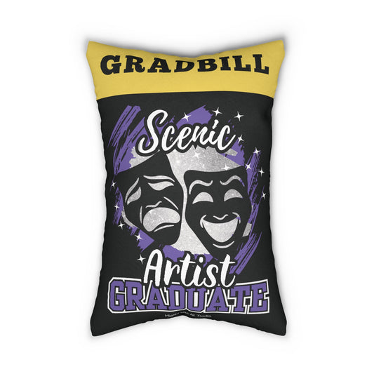 Decorative pillow with theater-themed text and designs on a white background
