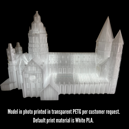 3D printed model of a cathedral in transparent PETG material on a black background