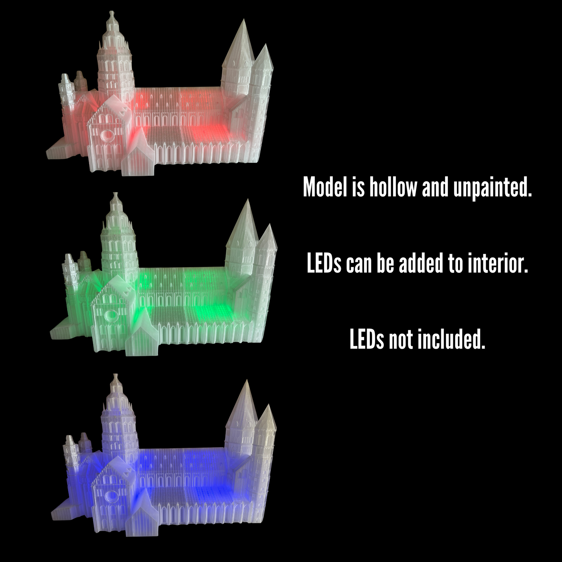Three transparent models of a building in red, green, and blue with text indicating they are hollow and unpainted, and LEDs can be added.
