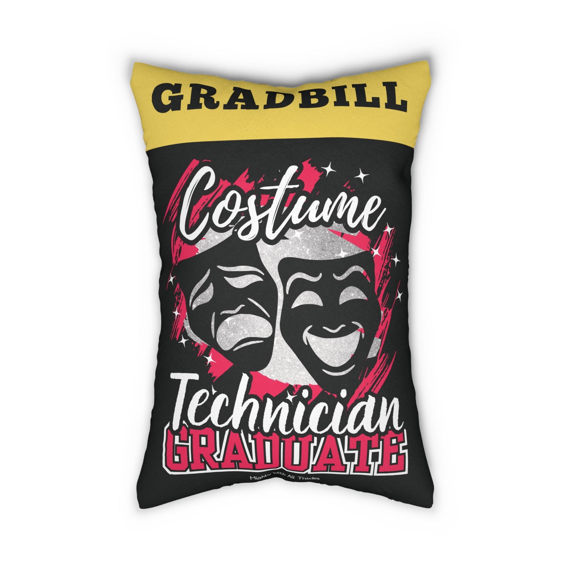 Decorative pillow with text and theater masks on a white background