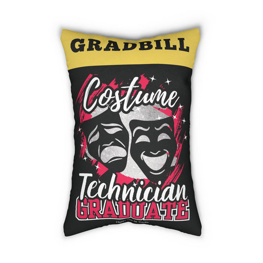 Decorative pillow with text and theater masks on a white background