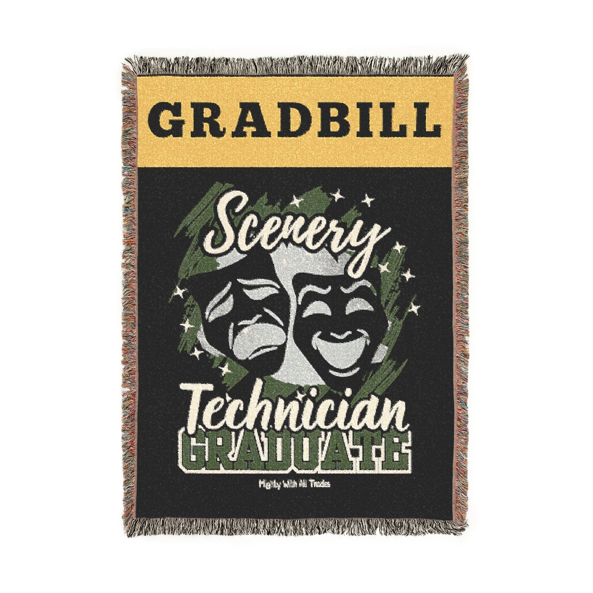 Blanket with theater-themed design featuring masks and text on a black background