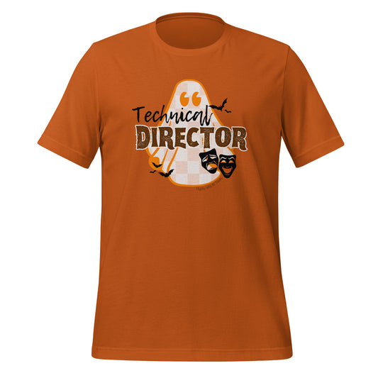 Orange t-shirt with a ghost graphic and 'Technical Director' text on a white background