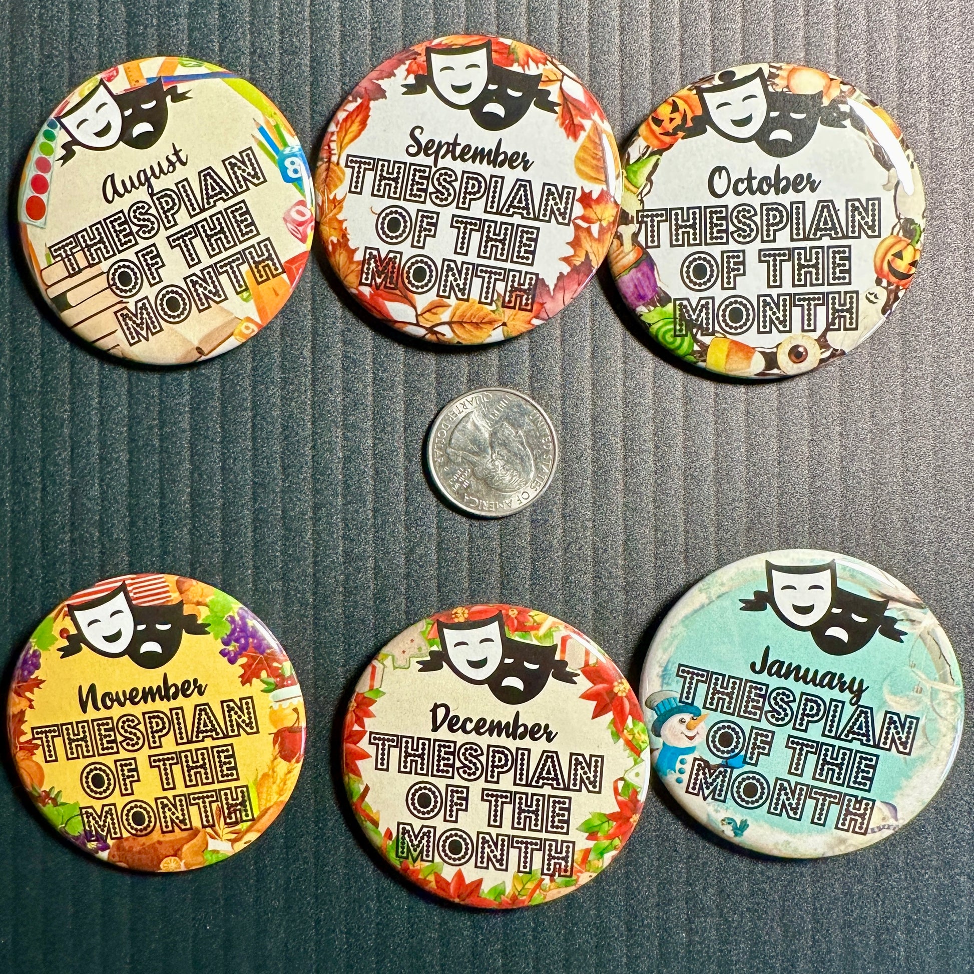 Thespian of the Month Button Set of 9, 2-1/4"-mightywithalltrades