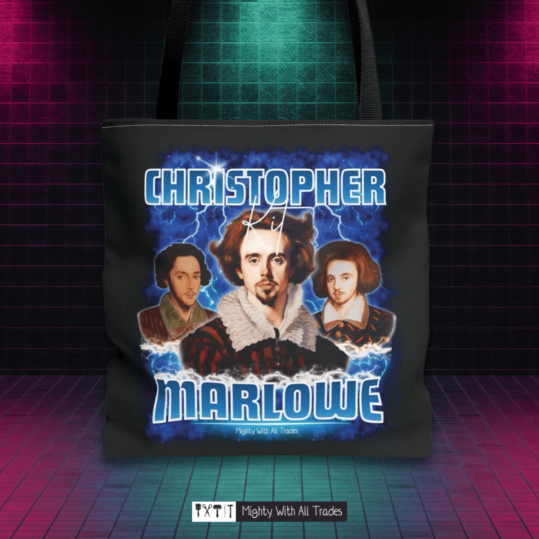 Tote bag with a bootleg graphic of Christopher Marlowe and text on a retro grid background