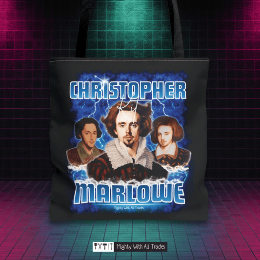Tote bag with a bootleg graphic of Christopher Marlowe and text on a retro grid background
