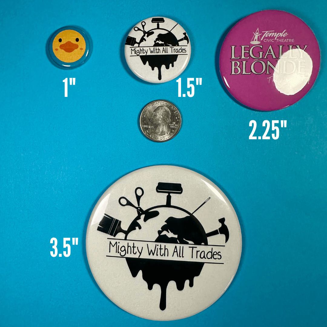 Collection of buttons with sizes labeled on a blue background