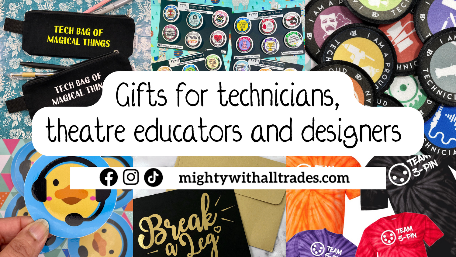 Collection of gifts for technicians, theatre educators, and designers with promotional text and website.