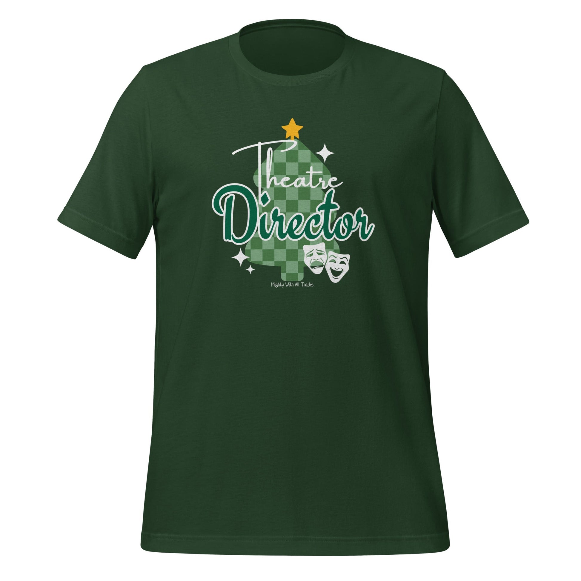 Green t-shirt with 'Theatre Director' Christmas tree graphic on a white background