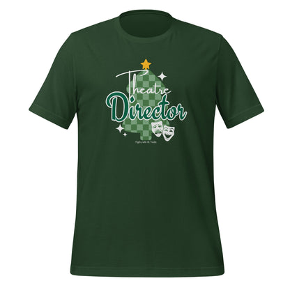 Green t-shirt with 'Theatre Director' Christmas tree graphic on a white background