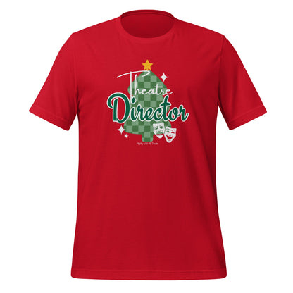 Red t-shirt with 'Theatre Director'  Christmas tree graphic on a white background