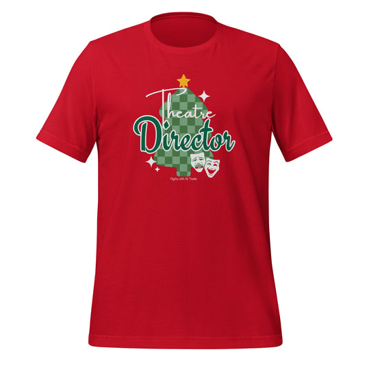 Red t-shirt with 'Theatre Director'  Christmas tree graphic on a white background