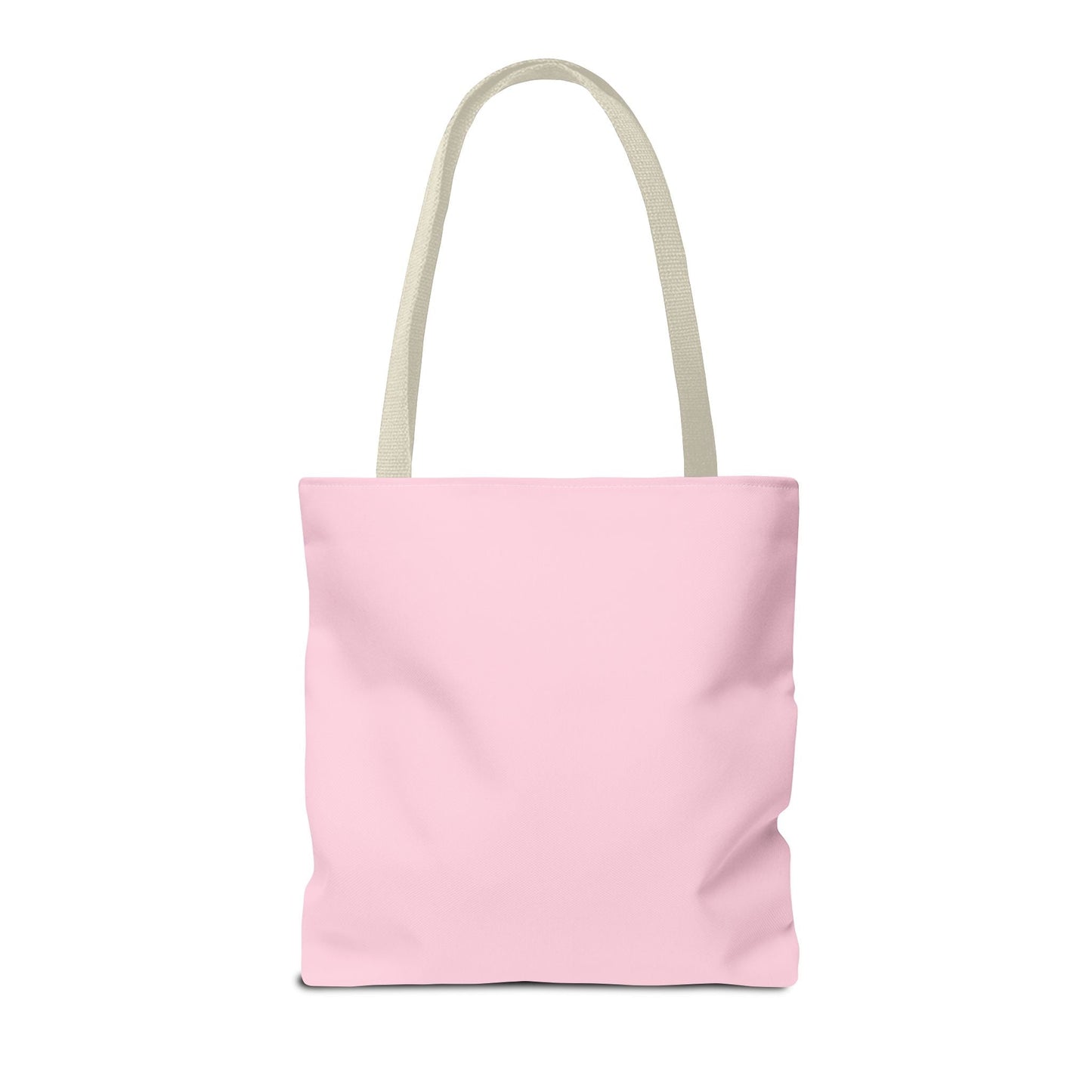 Pink tote bag with beige handle on a white background