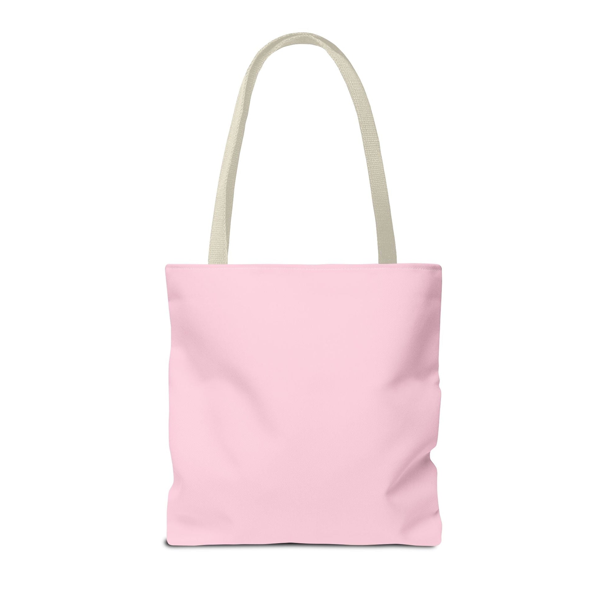Pink tote bag with beige handle on a white background