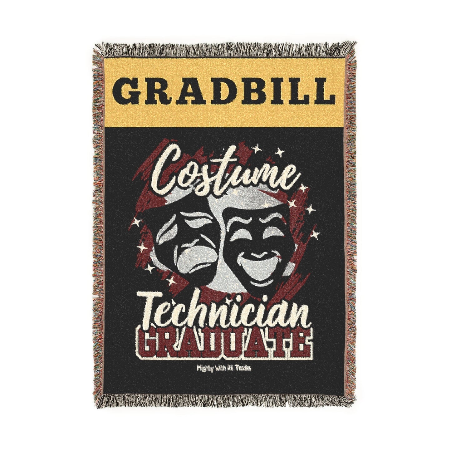 woven blanket with 'Gradbill' text and theatre design on a black background