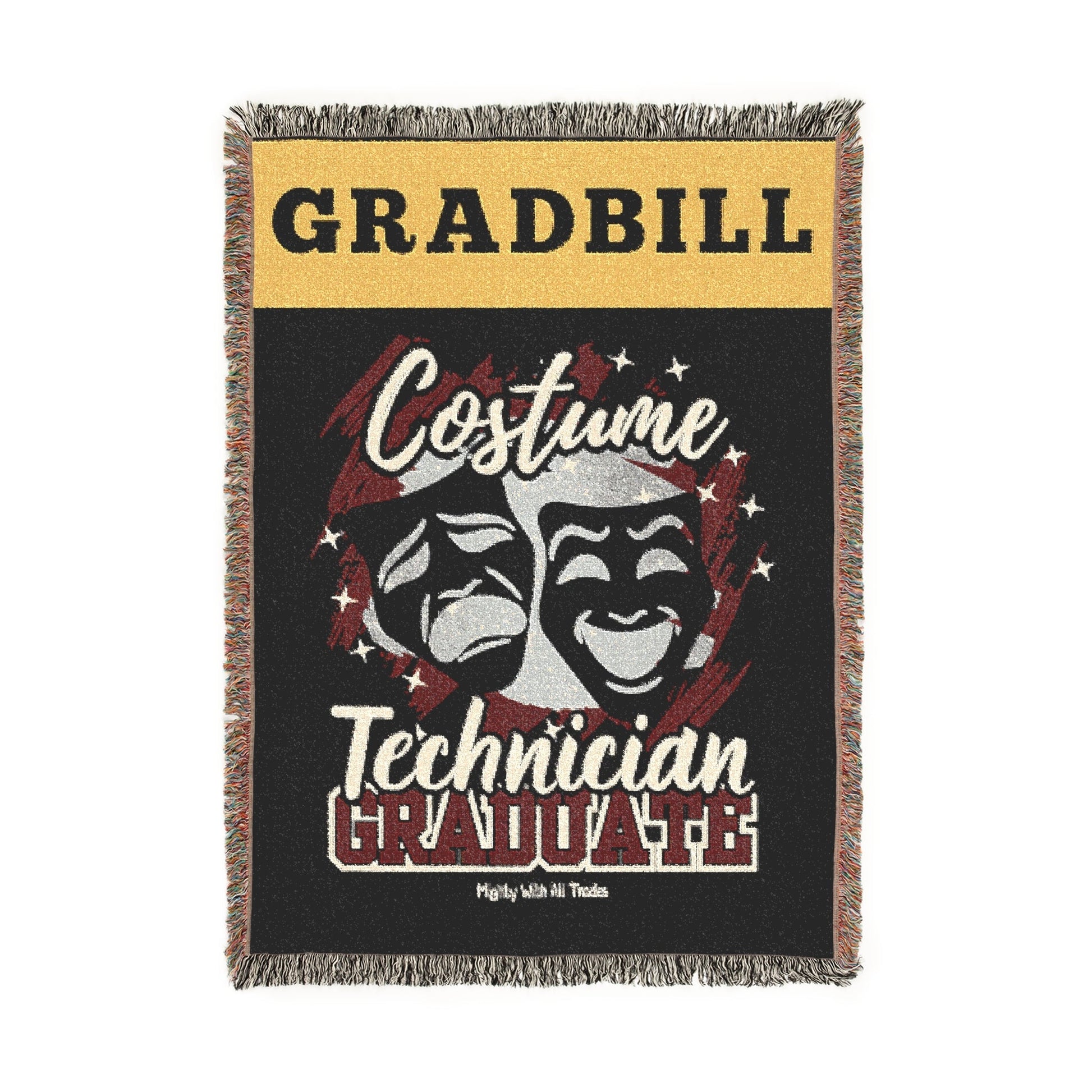 woven blanket with 'Gradbill' text and theatre design on a black background