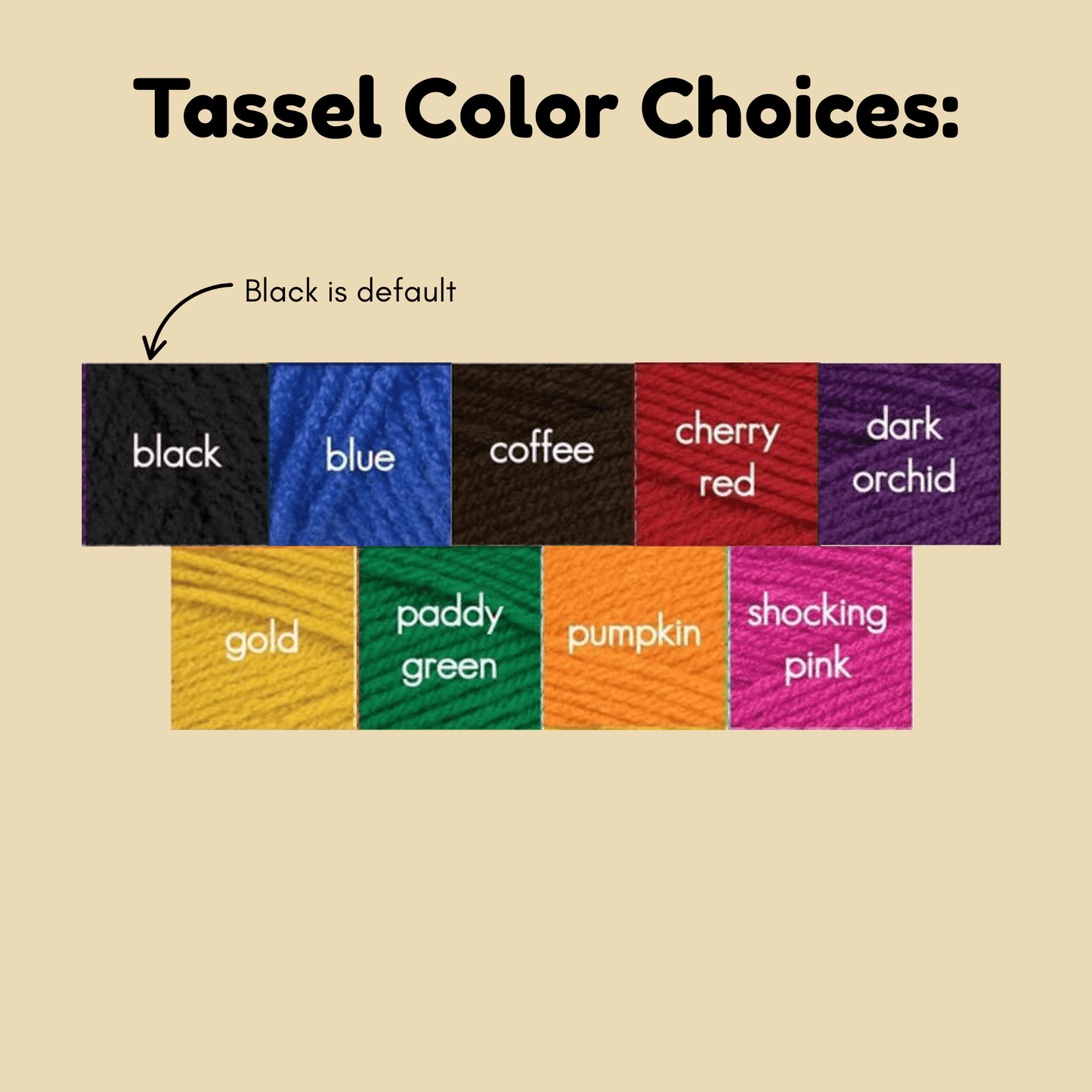 Color swatches for tassels with labels on a beige background