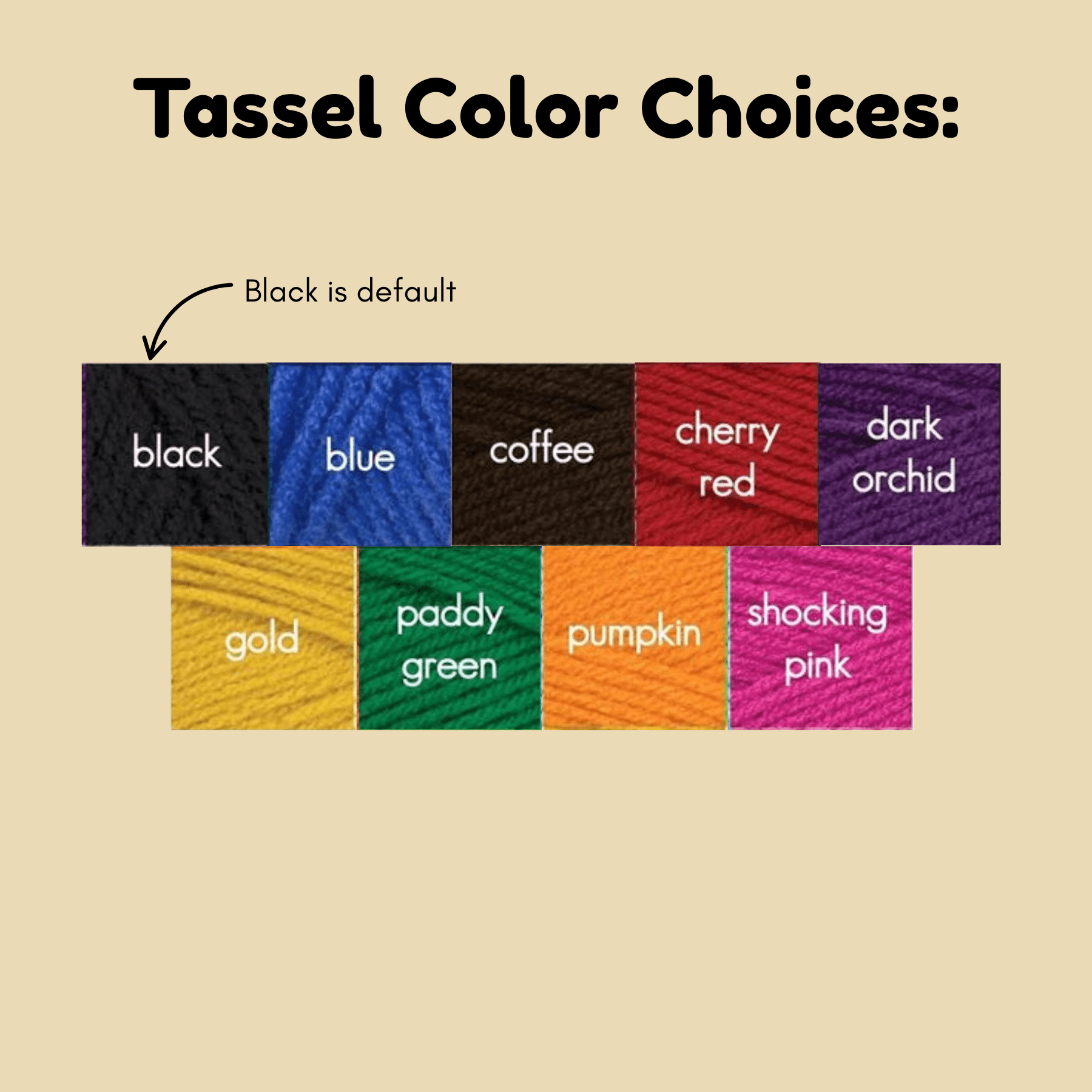 Color swatches for tassels with labels on a beige background
