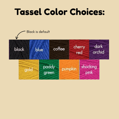 Color swatches for tassels with labels on a beige background