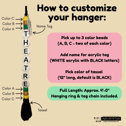 Instructions on how to customize a hanger with color beads and an acrylic tag.