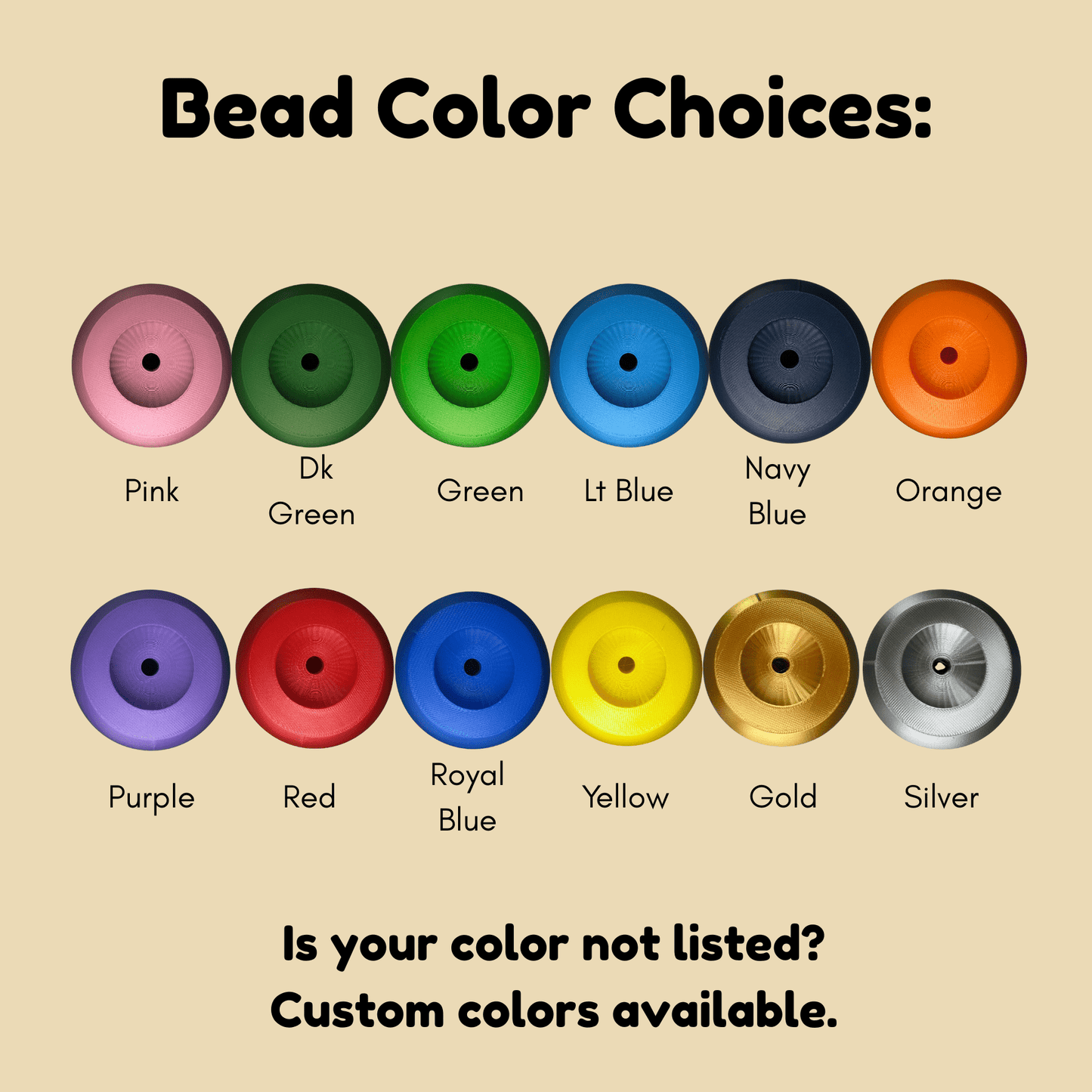 Color swatches for beads with labels on a beige background