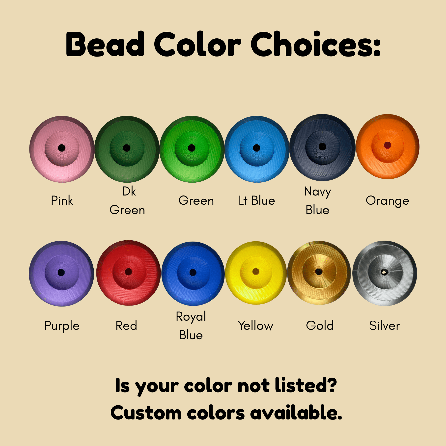 Color swatches for beads with labels on a beige background
