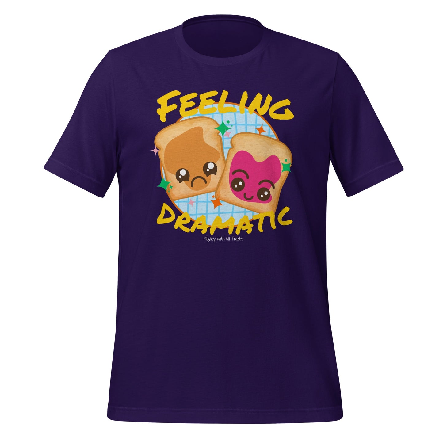 Purple t-shirt with cartoon peanut butter and jelly characters and text 'Feeling Dramatic' on a white background