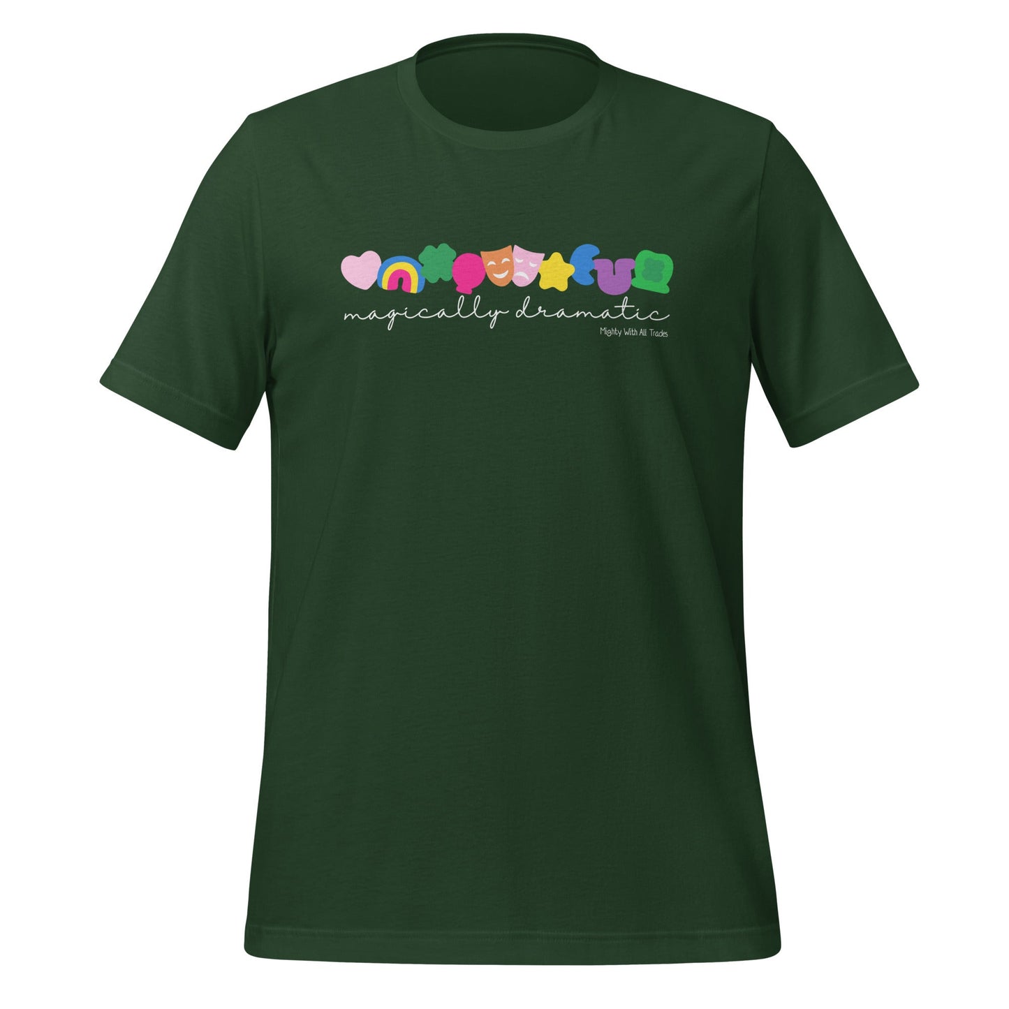 Green t-shirt with colorful text and marshmallow charm graphics on a white background