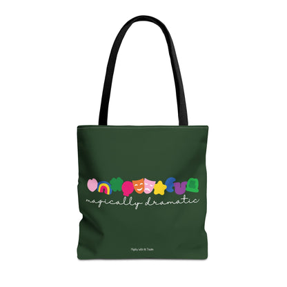 Green tote bag with colorful text and marshmallow charms design on a white background