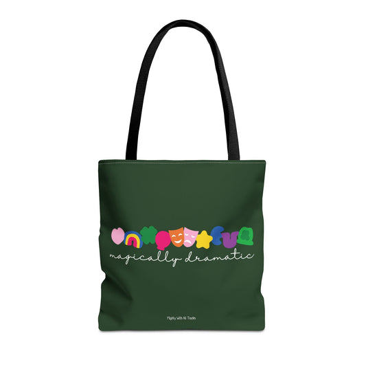 Green tote bag with colorful text and marshmallow charms design on a white background