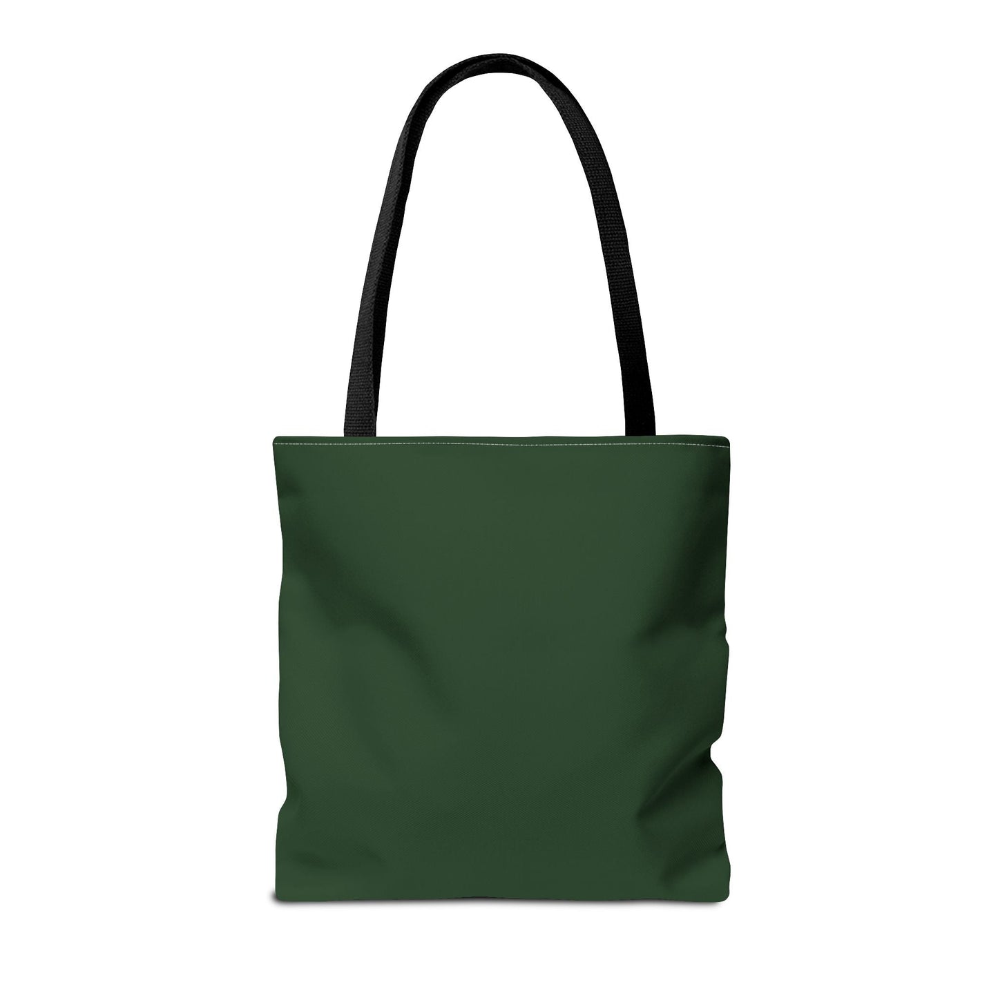 Green tote bag with black handles on a white background