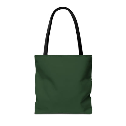 Green tote bag with black handles on a white background