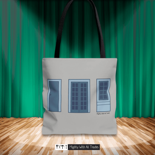 Tote bag with oil one act play window design on a wooden floor with green curtain background