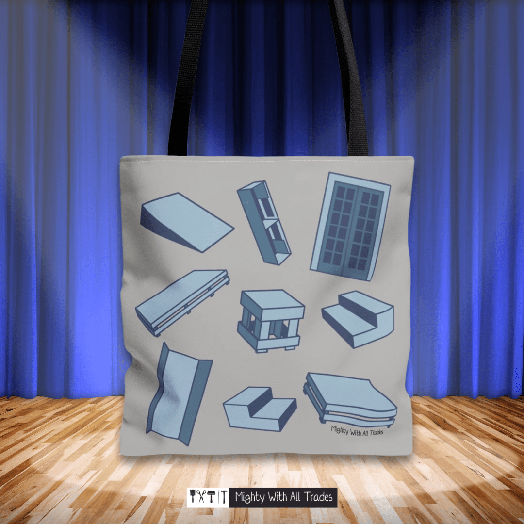 Tote bag with oil one act play set pieces designs on a wooden floor and blue curtain background
