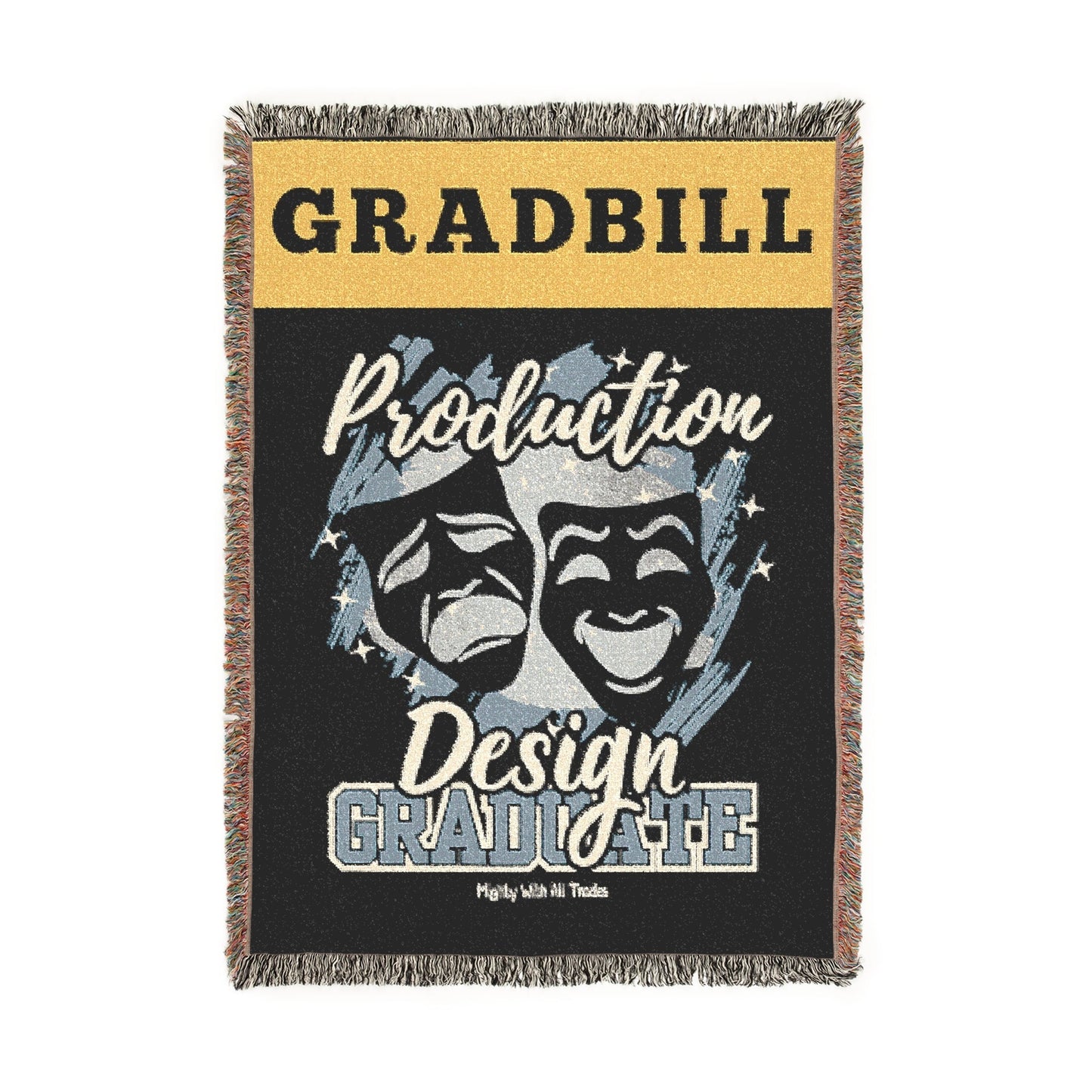 Woven blanket with 'Gradbill' text and theater masks design on a black background