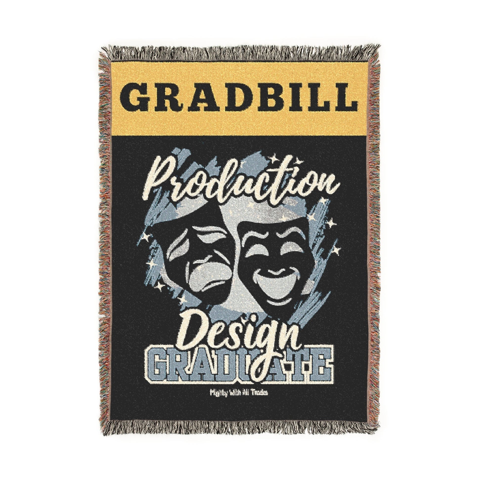 Woven blanket with 'Gradbill' text and theater masks design on a black background
