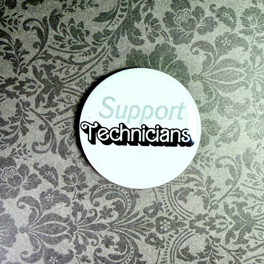 Round white button  with 'Support Technicians' text on a floral patterned background